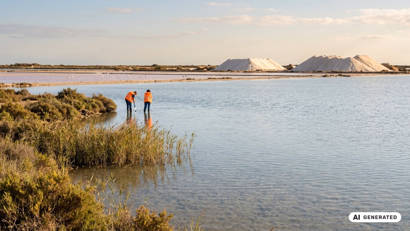Ilustracja AI: naturalny brzeg laguny z trzcinami i czystą płytką wodą w parku regionalnym Salinas y Arenales w San Pedro del Pinatar, w tle różowe saliny z brodzącymi flamingami.