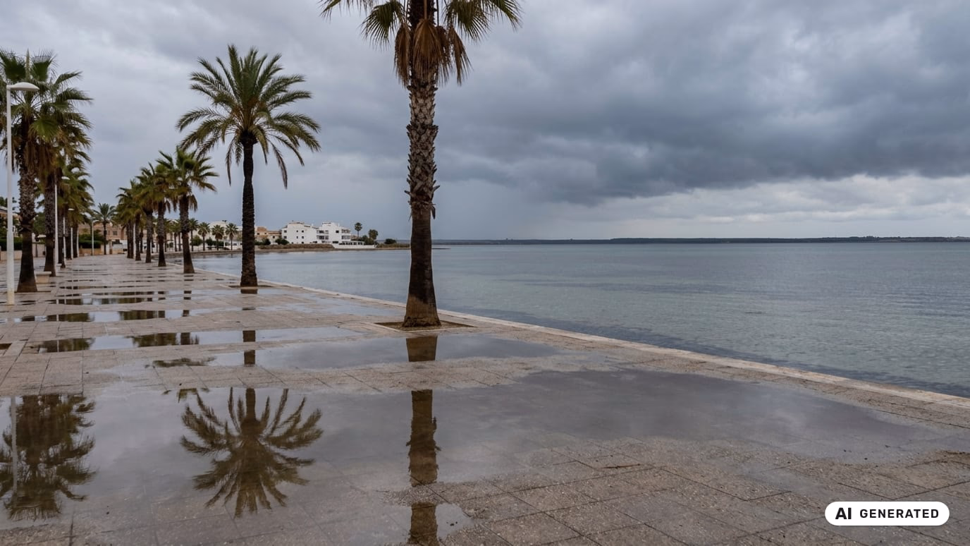 Ilustracja AI: ciężkie burzowe chmury i mokra, pusta promenada w Lo Pagán nad Mar Menor, w tle promenada w Lo Pagán obsadzona palmami.