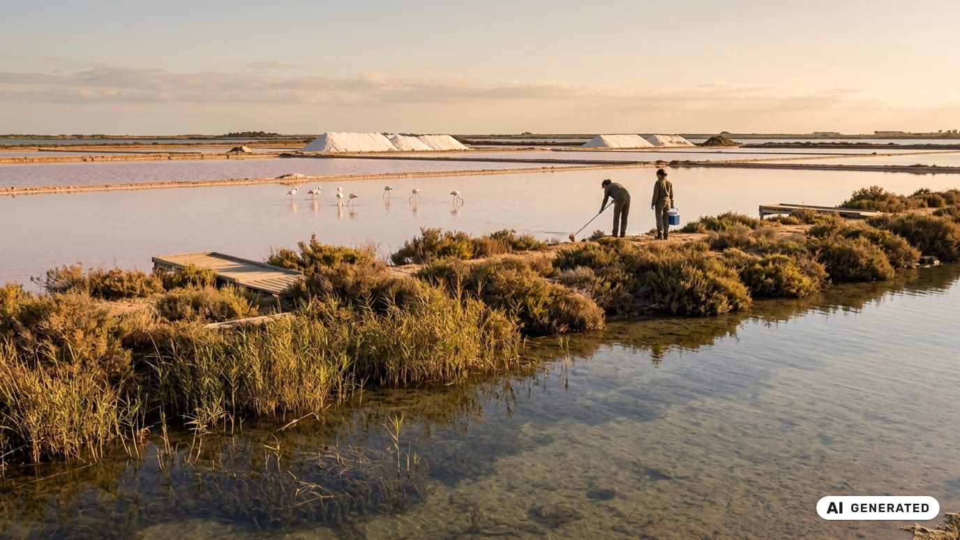 Ilustracja AI: naturalny brzeg laguny z trzcinami i czystą płytką wodą w parku regionalnym Salinas y Arenales w San Pedro del Pinatar, w tle różowe saliny z brodzącymi flamingami.