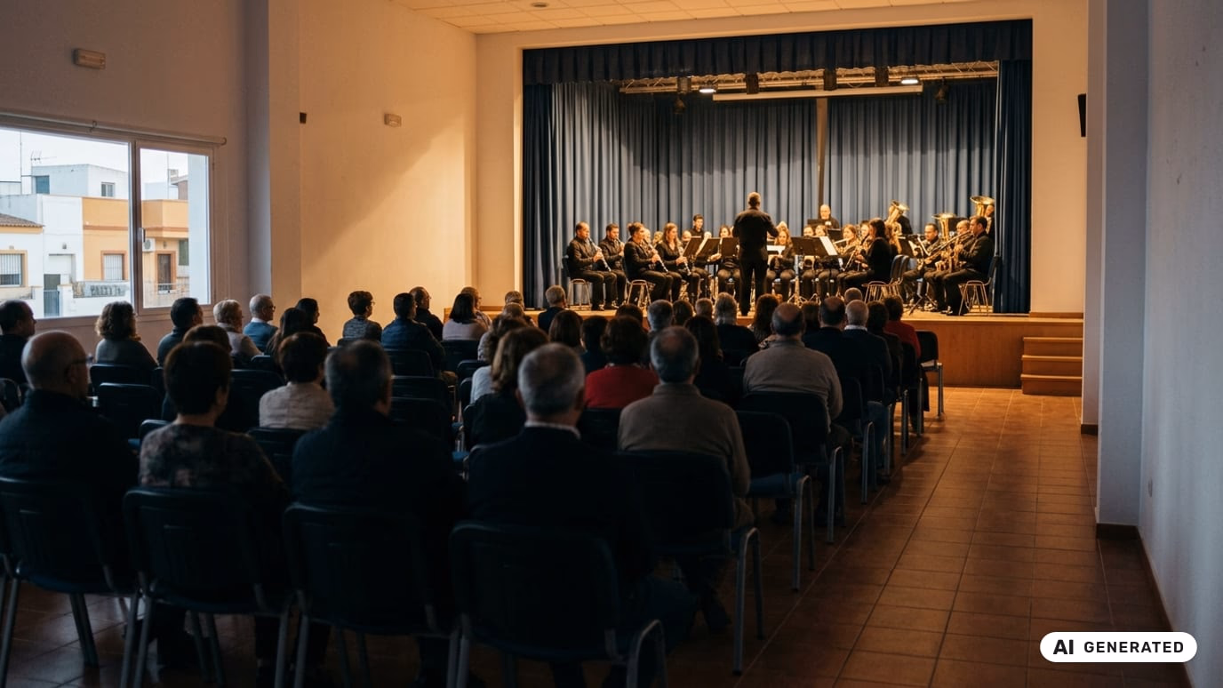Ilustracja AI: koncert lokalnej orkiestry na scenie skromnego miejskiego teatru w San Pedro del Pinatar, w tle bielone ściany i terakotowa posadzka.