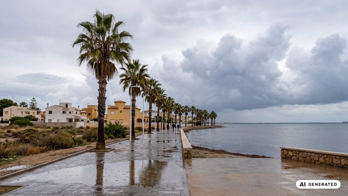 Ilustracja AI: ciężkie burzowe chmury i mokra, pusta promenada w Los Alcázares nad Mar Menor, w tle nadmorska promenada obsadzona palmami.